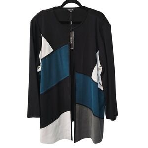 NWT Misook Heritage Fit Colorblock Geometric Cardigan Black Teal